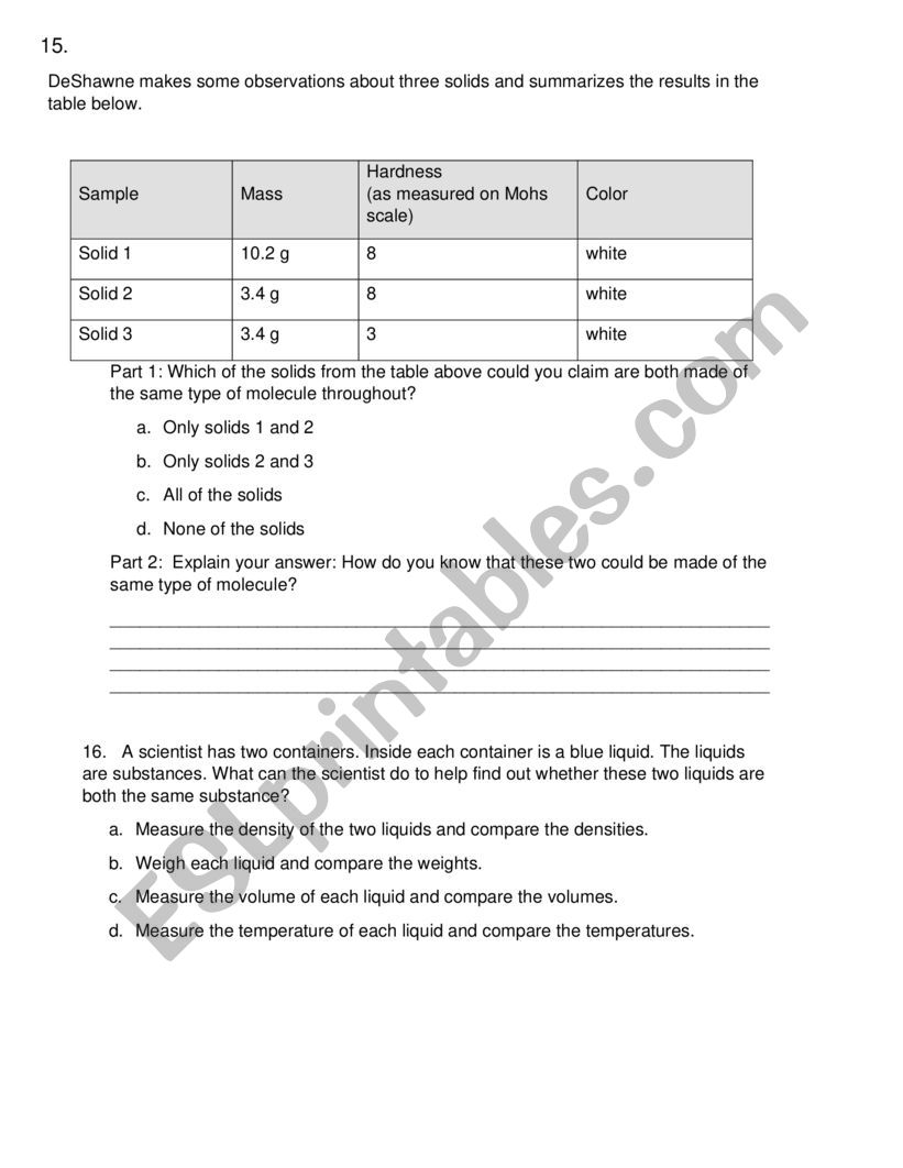 Chemistry Pretest - ESL worksheet by melissa.meadows Intended For Mohs Hardness Scale Worksheet