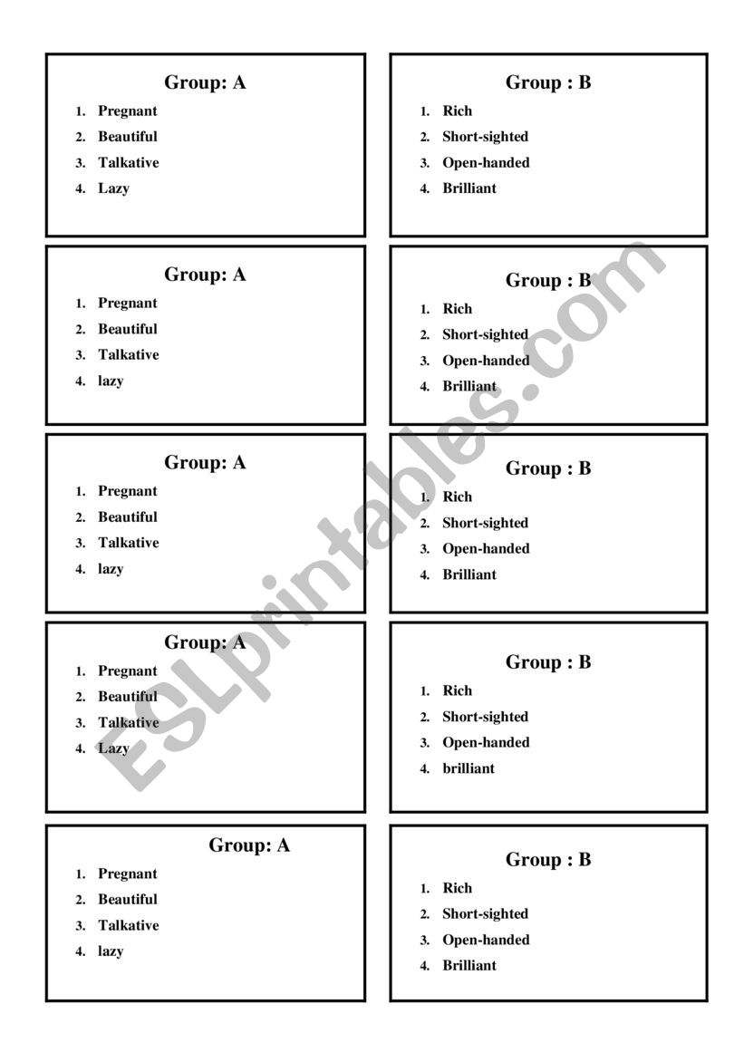  Vocabulary game worksheet