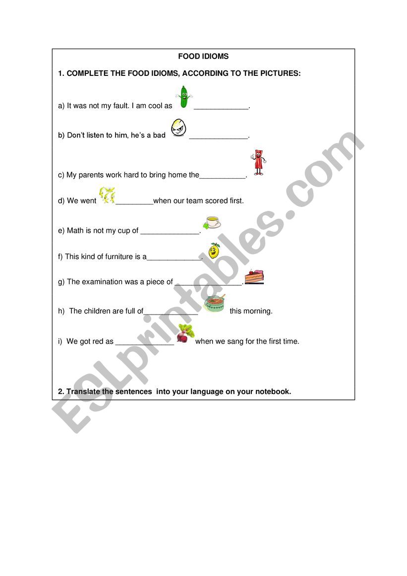 Food idioms worksheet