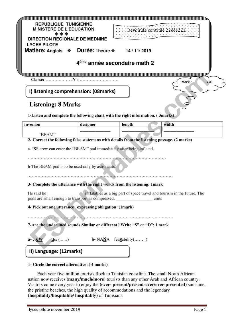 mid term test 1 lycee pilote november 2019    4me anne secondaire math 1