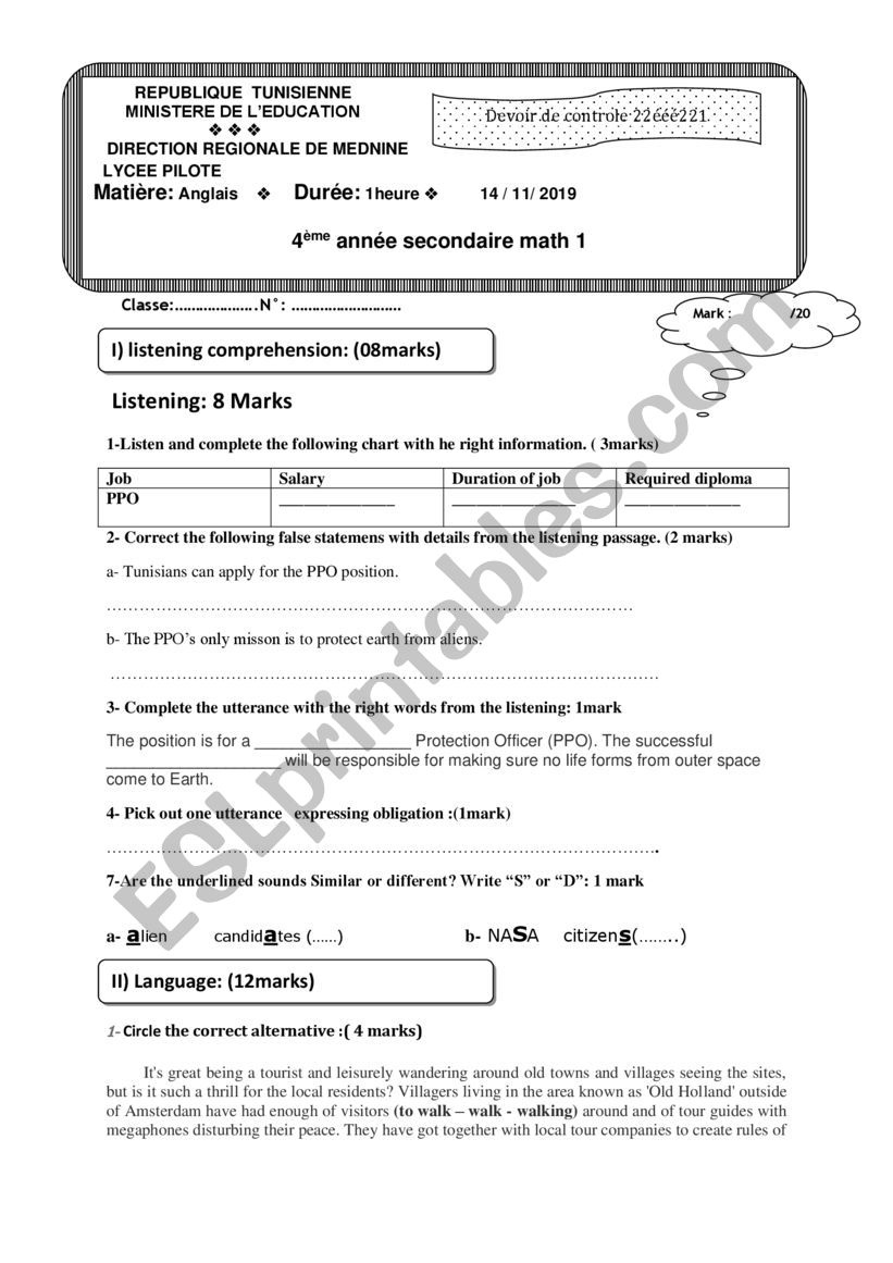 mid term test 1 lycee pilote november 2019    4me anne secondaire math 2