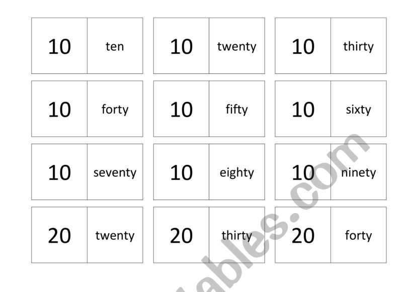 Domino to practise tens worksheet