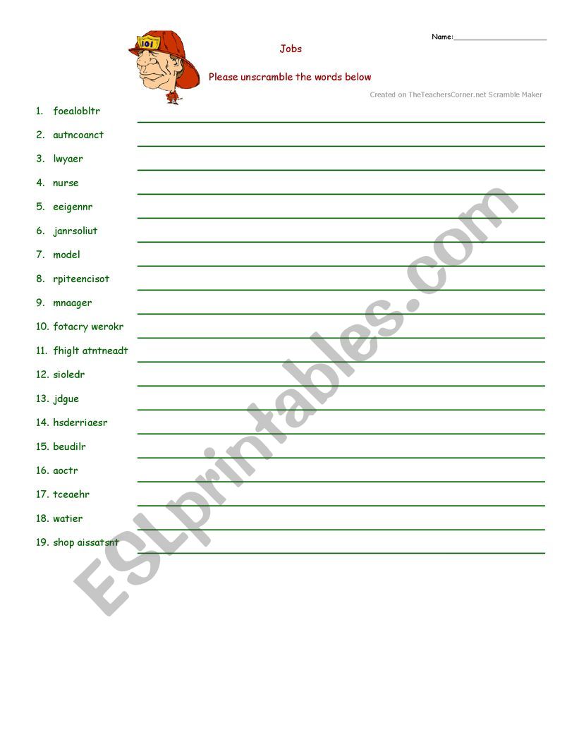 UNSCRAMBLE JOBS worksheet