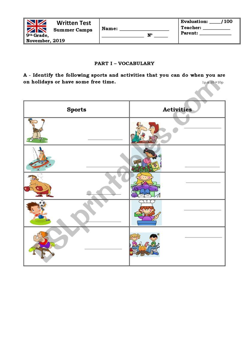 Holidays, Summer Camps worksheet