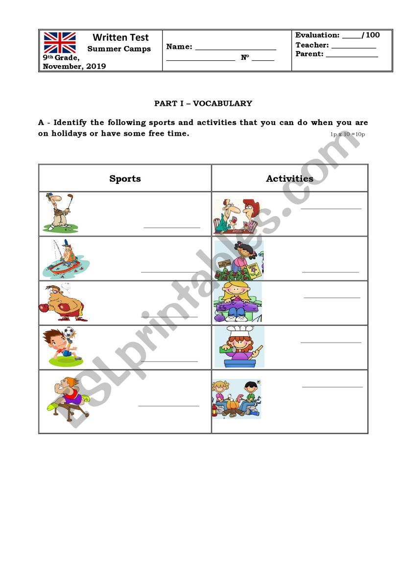 Holidays, Summer Camps worksheet