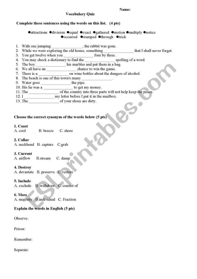 B1 level vocabulary Quiz worksheet