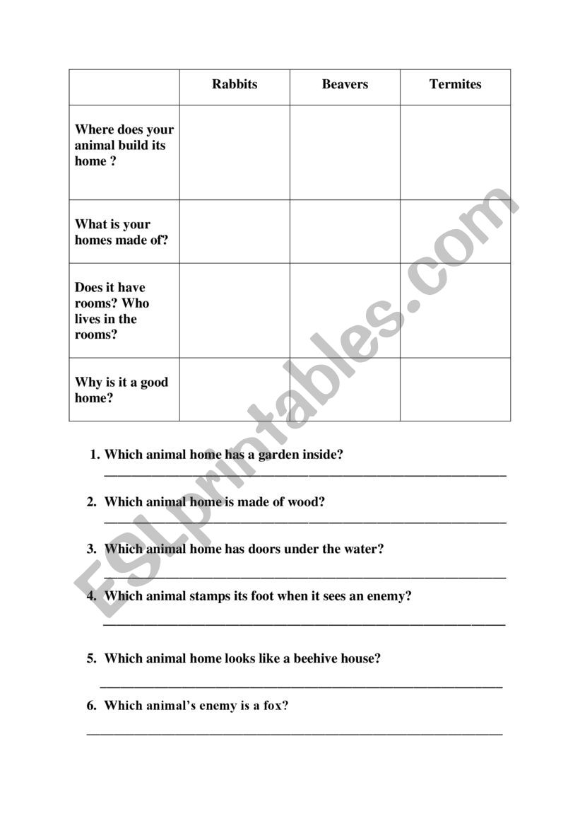 rabbits beavers termites worksheet