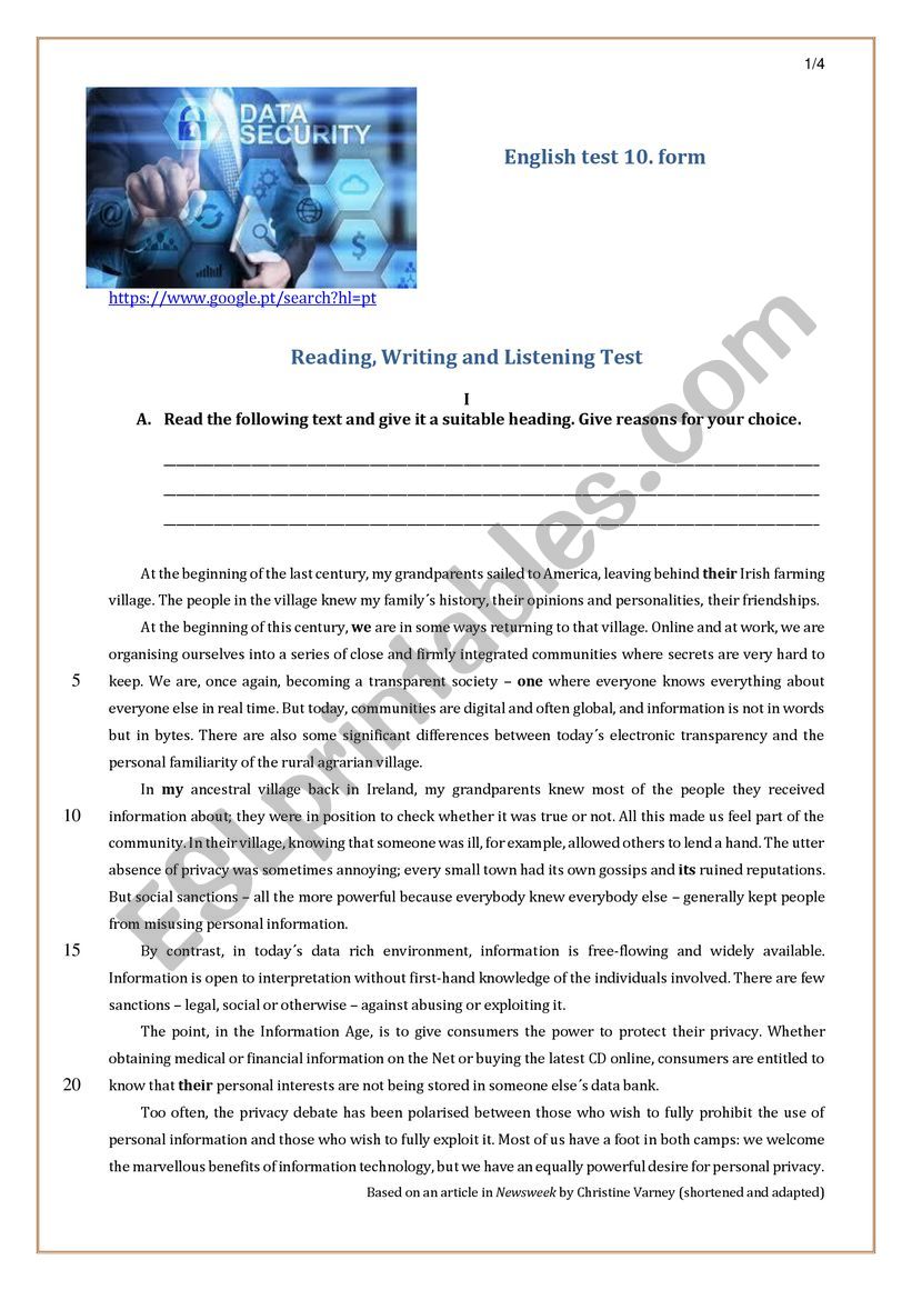 10th form English test worksheet