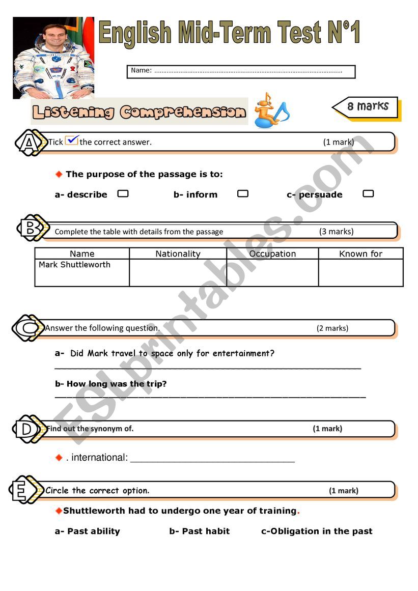 Listening comprehension Test 1 bac students