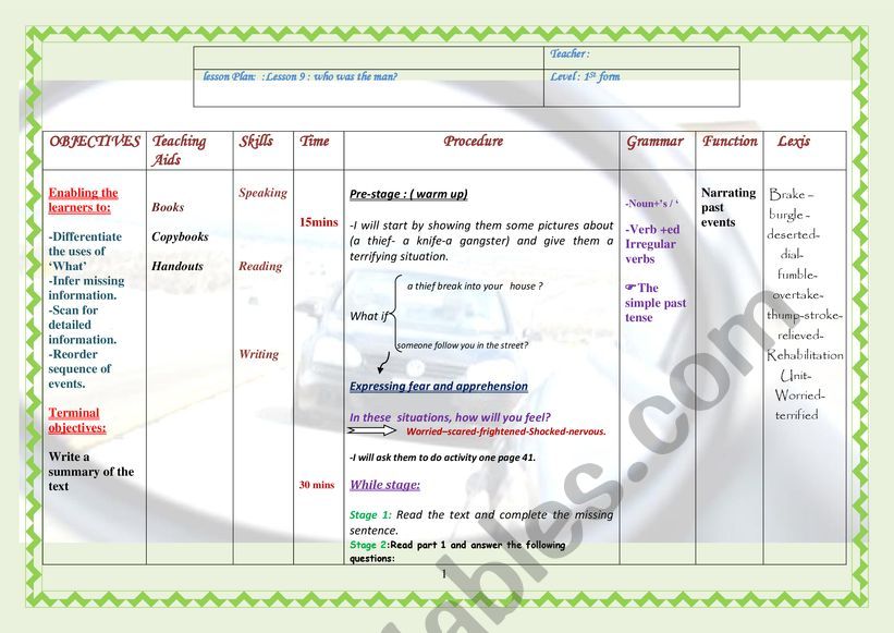 Lesson 9 : Who was the man? worksheet