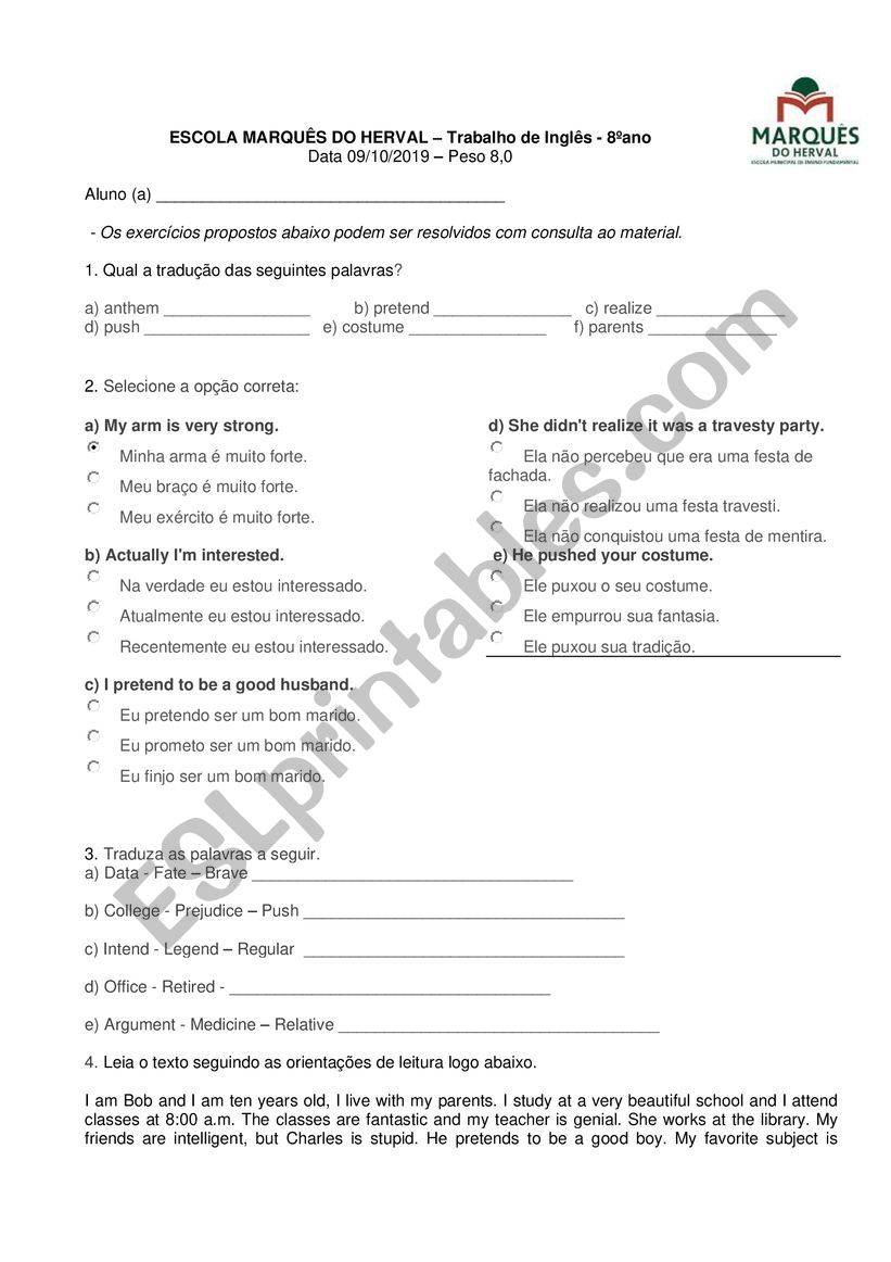 COGNATES worksheet