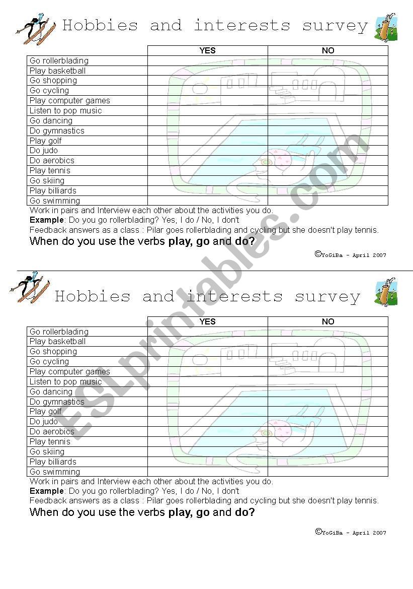 Hobbies and interests survey worksheet