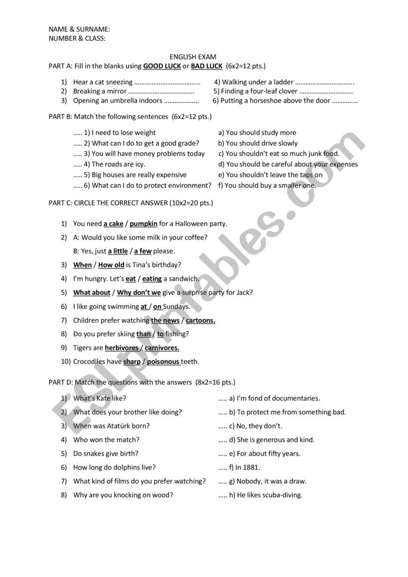 exam including should worksheet