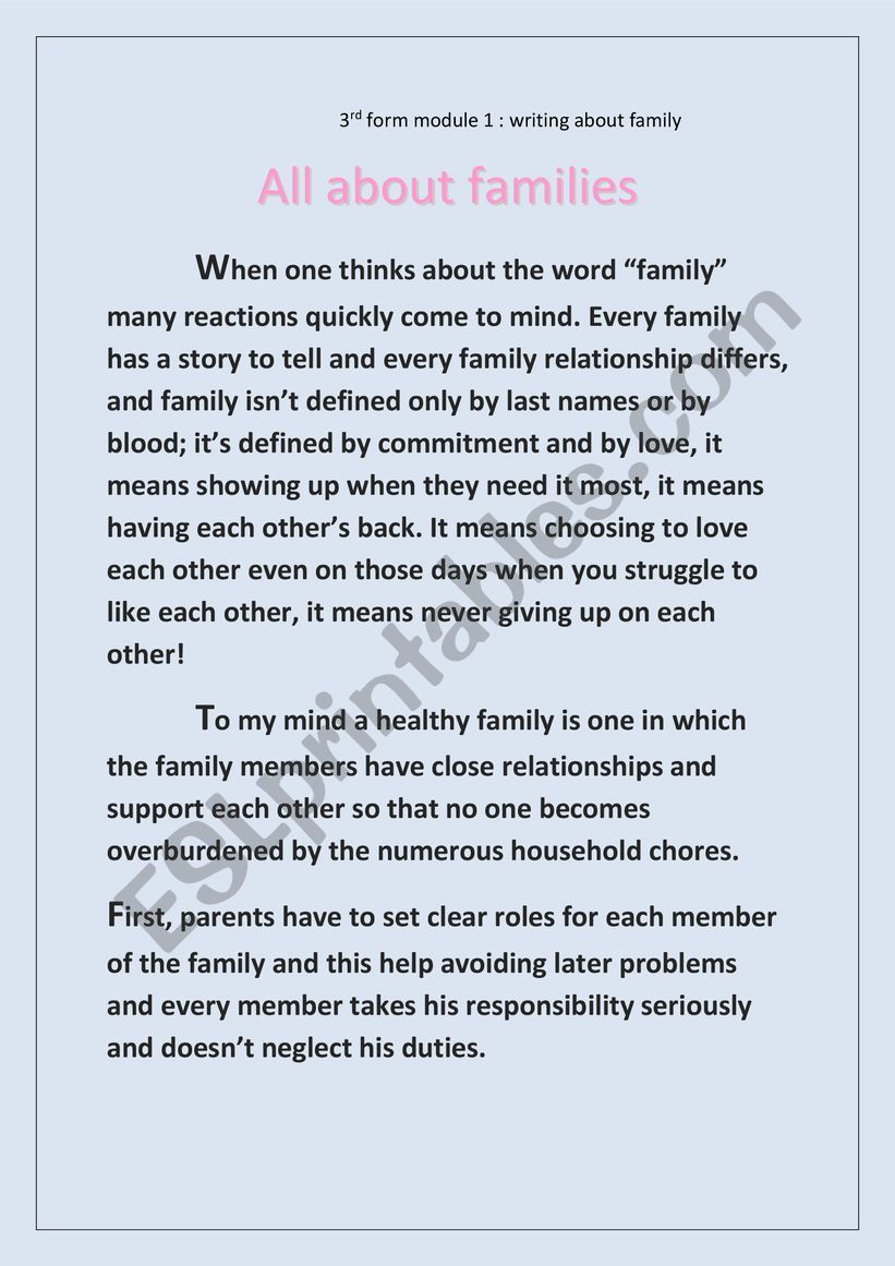   3rd form student writing about family all about family