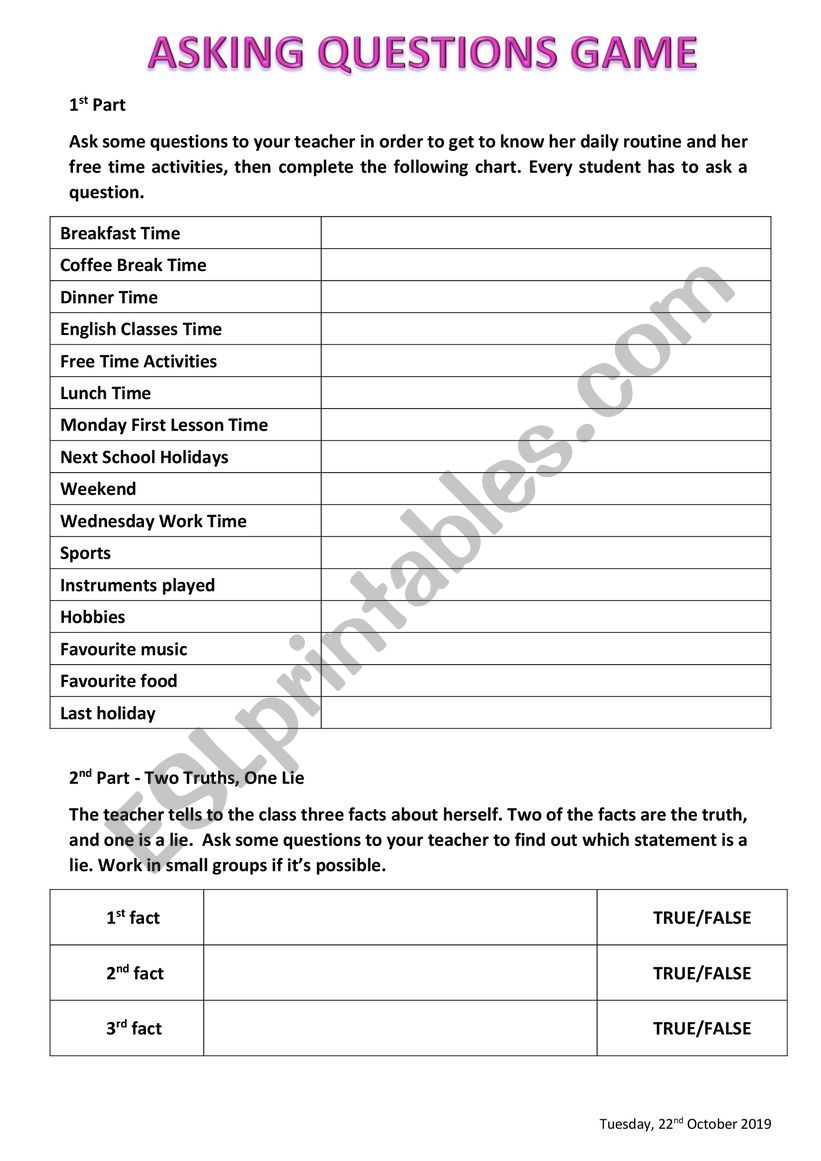 Asking questions game worksheet