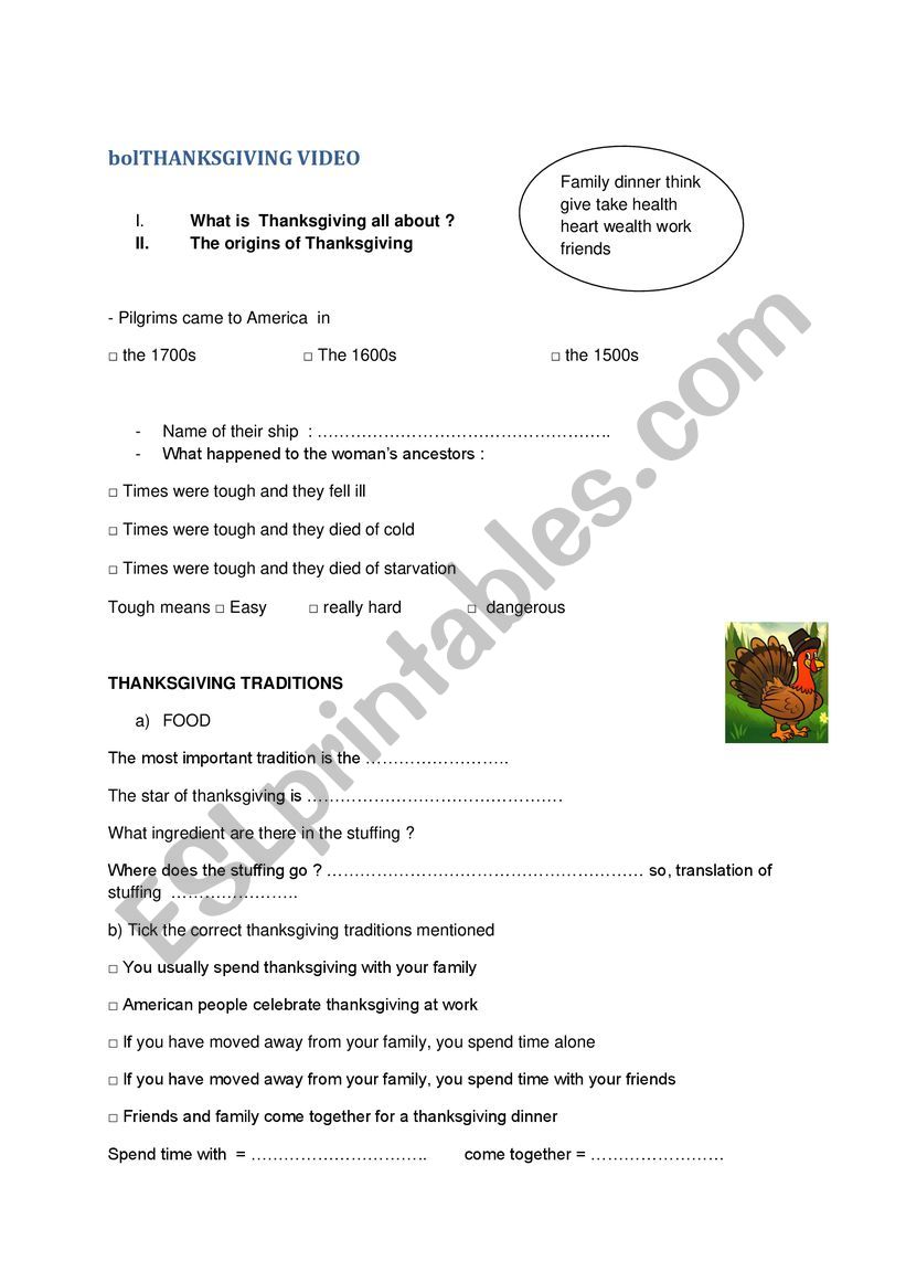 thanksgiving videp worksheet