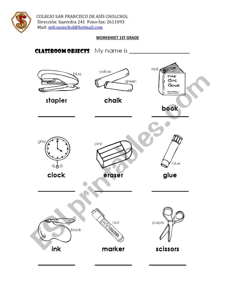 classroom objects worksheet