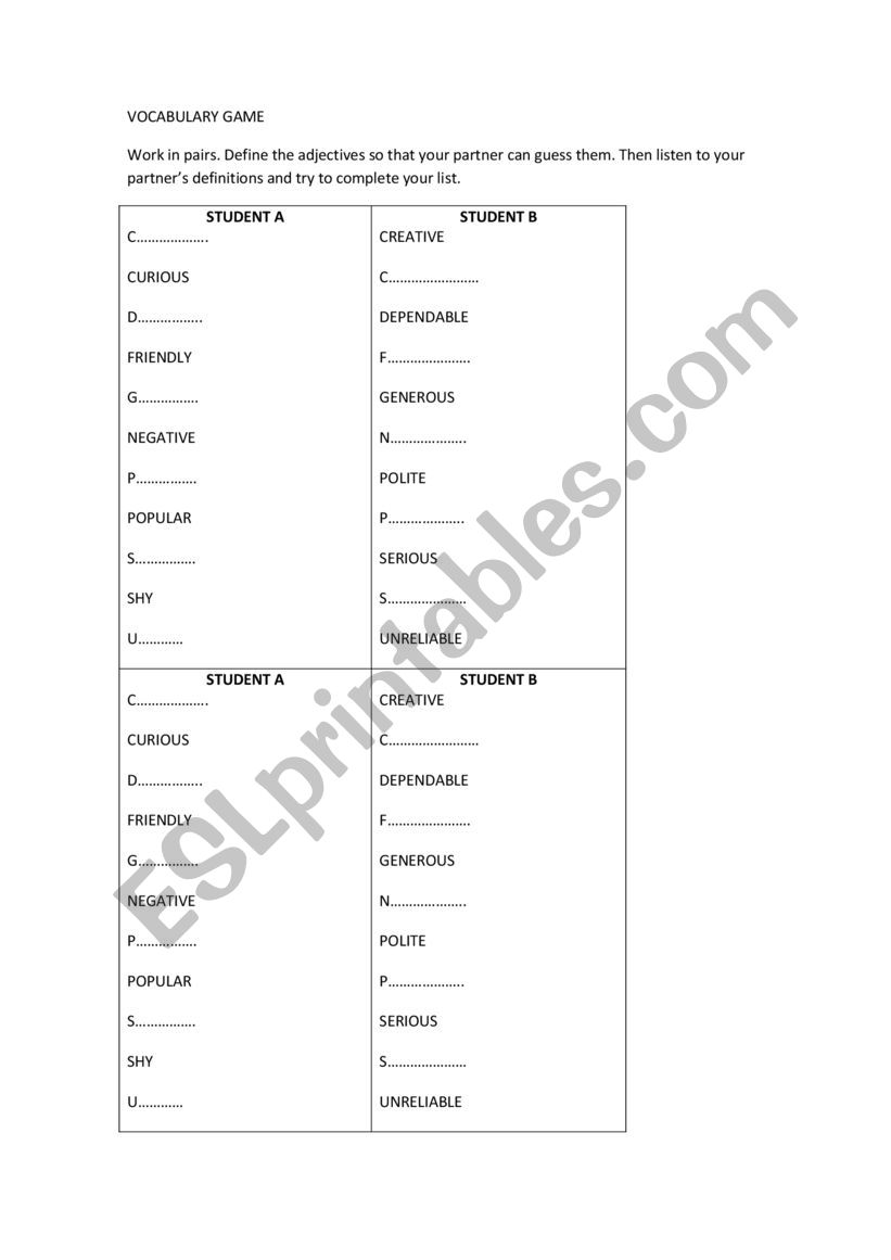 Vocabulary Game: Personality Adjectives