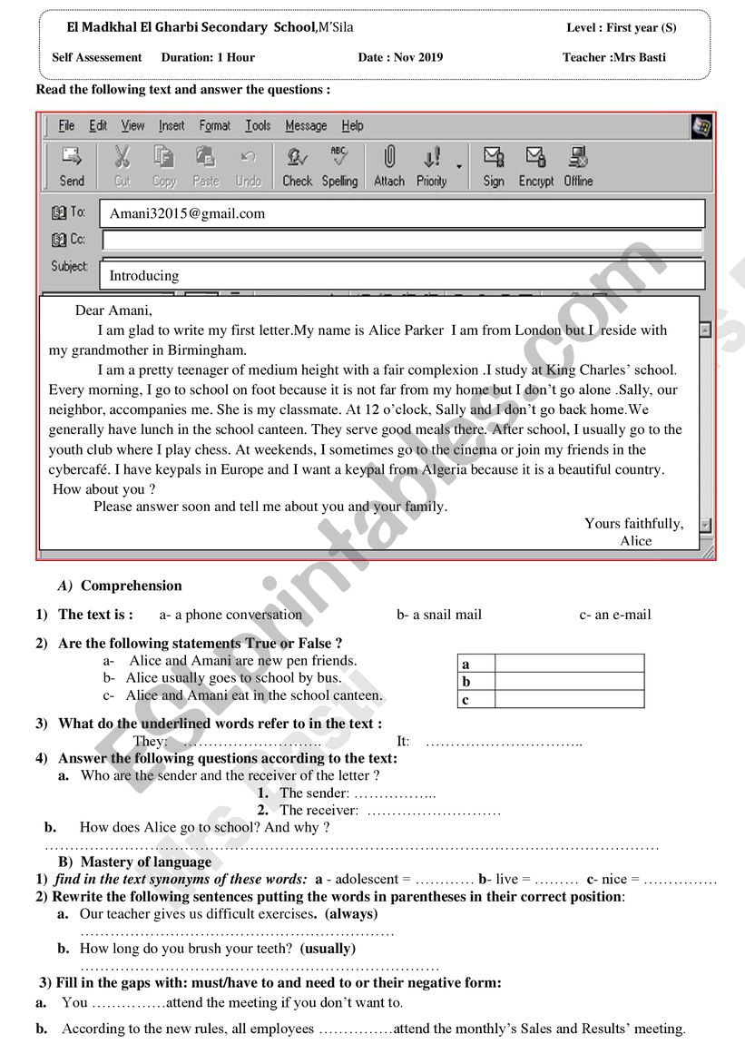 Listening and speaking worksheet