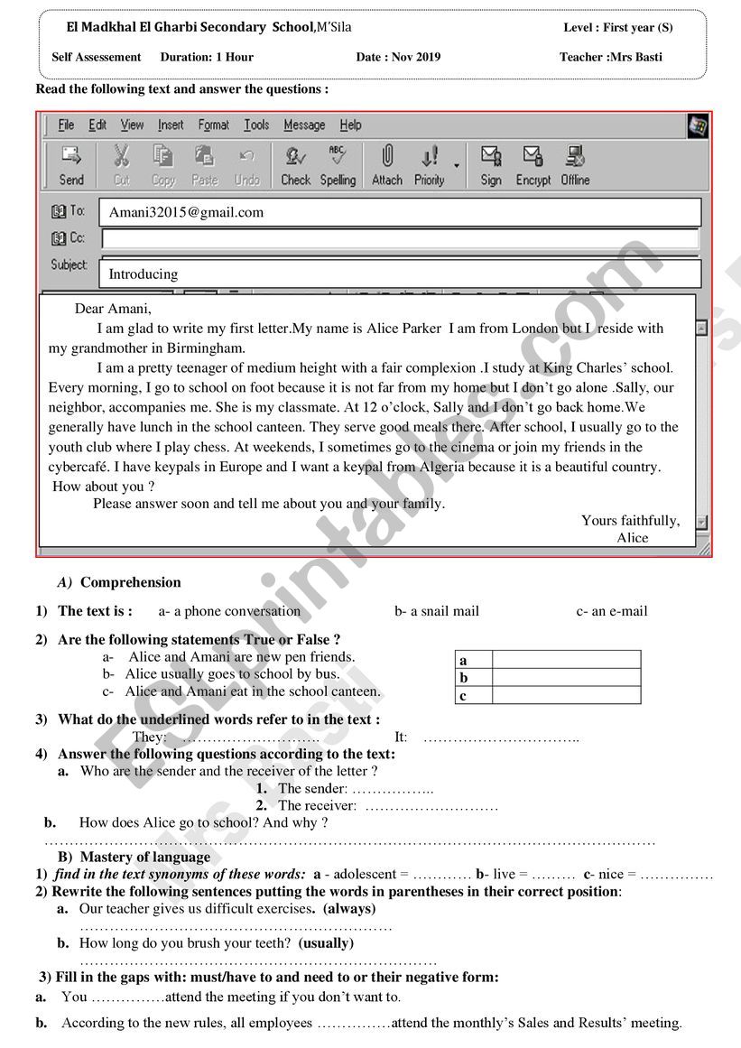 Listening and speaking worksheet