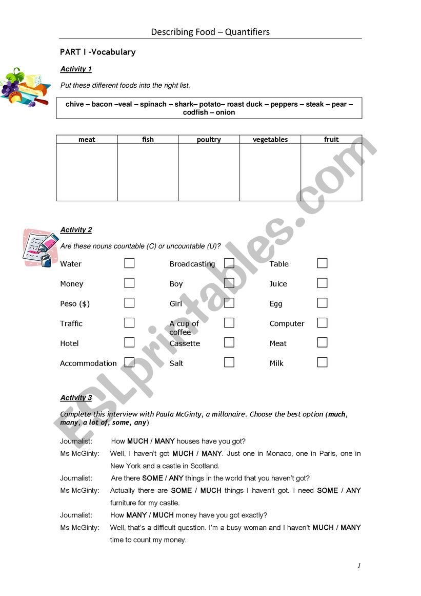 Describing Food & Quantifiers worksheet