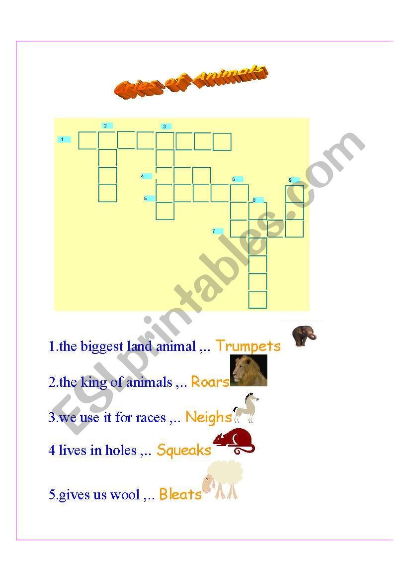 English worksheets: cries of animals & animals and their young ones  crossword