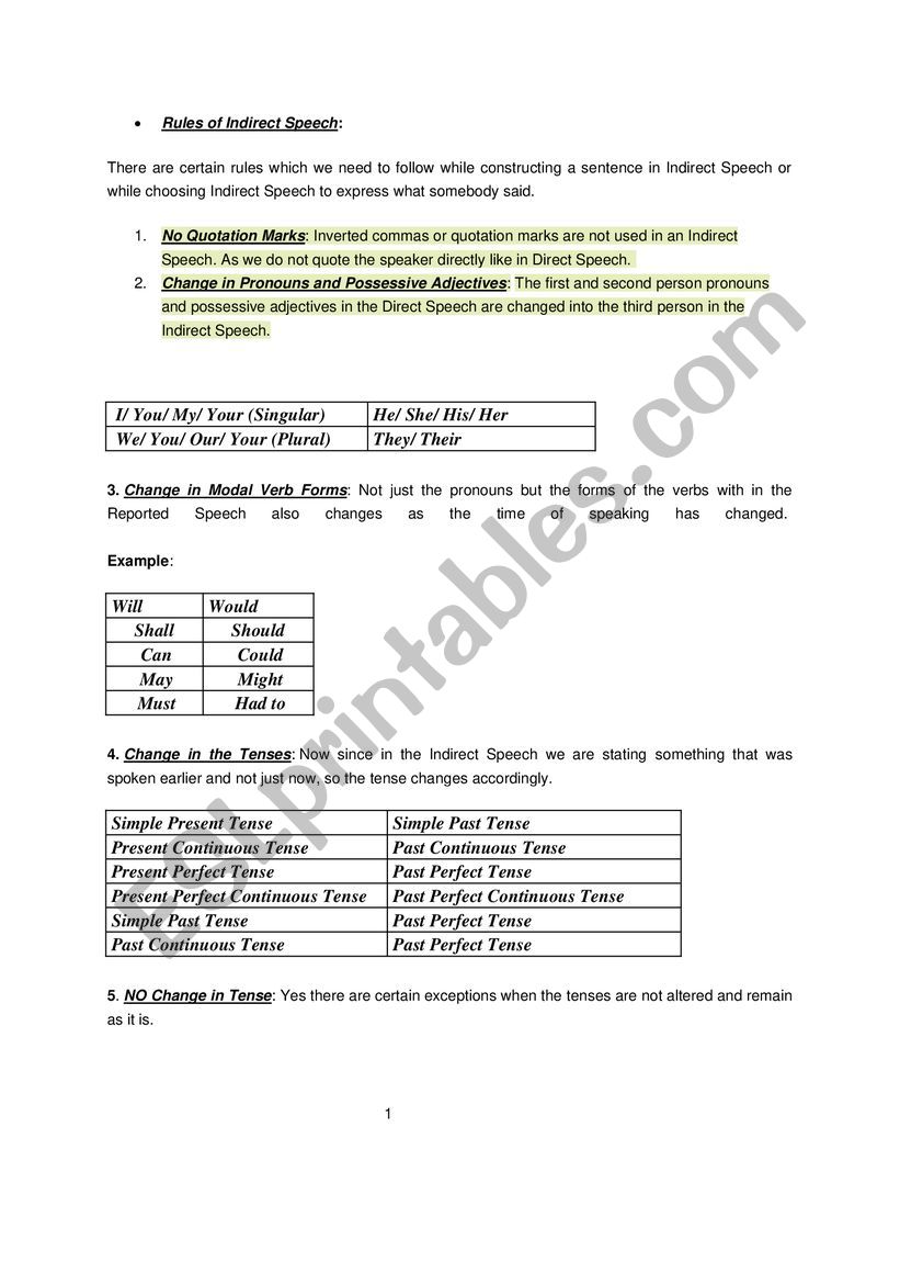 reported speech  worksheet