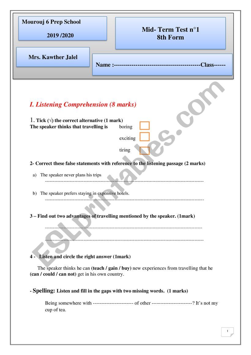 Mid term 1 English test  8th form