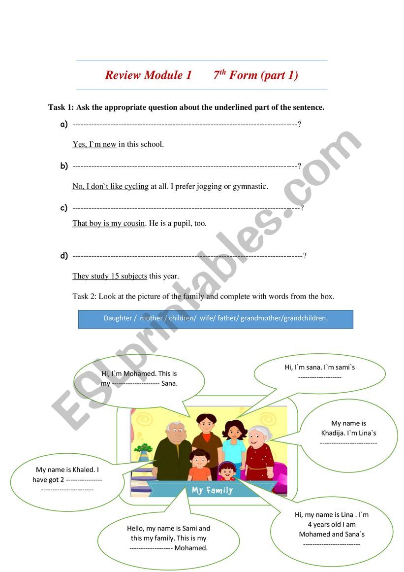 Review Module 1 for 7th form  worksheet