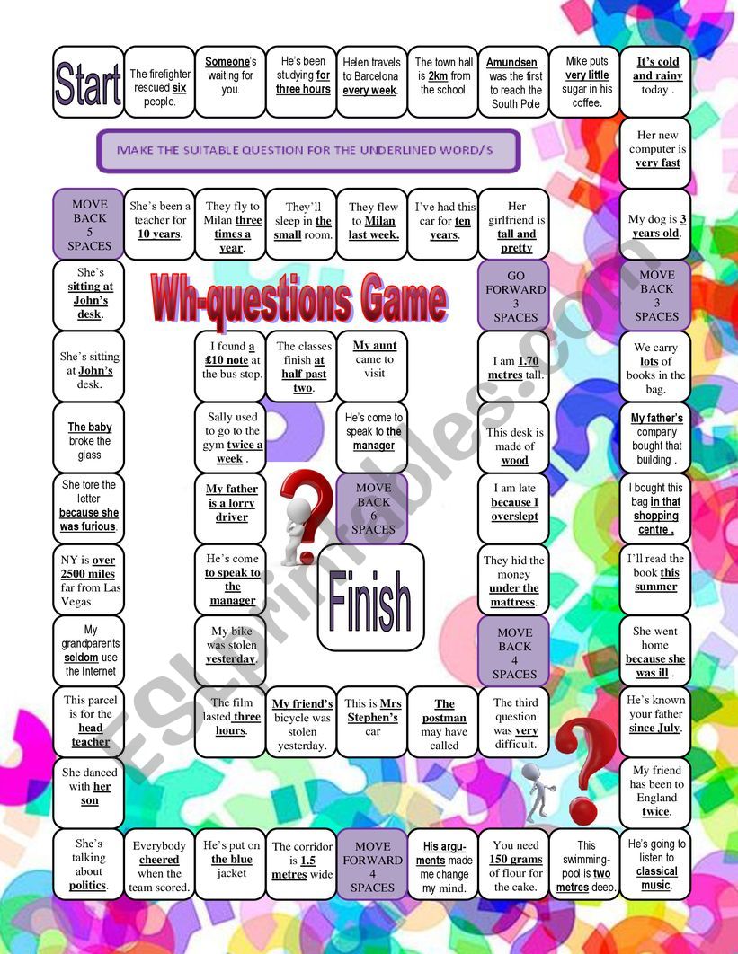 Wh-questions board game worksheet
