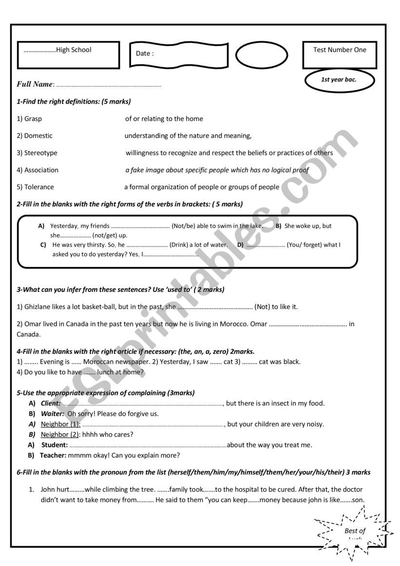 Quiz bac 2 worksheet