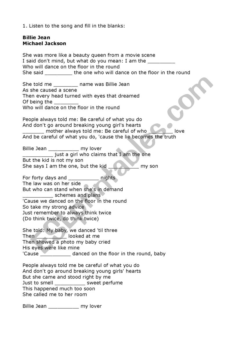 Billie Jean - Michael Jackson worksheet