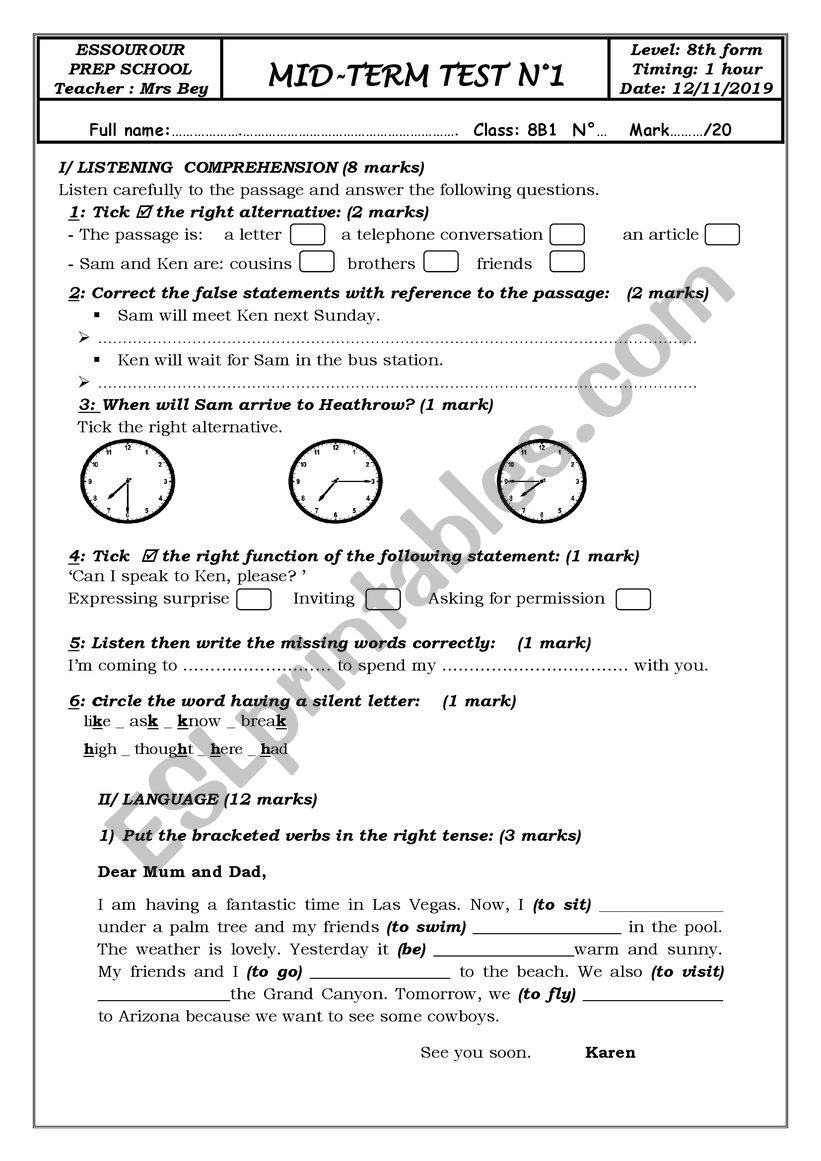 Mid_Term Test n1 8th form (Tunisian schools)