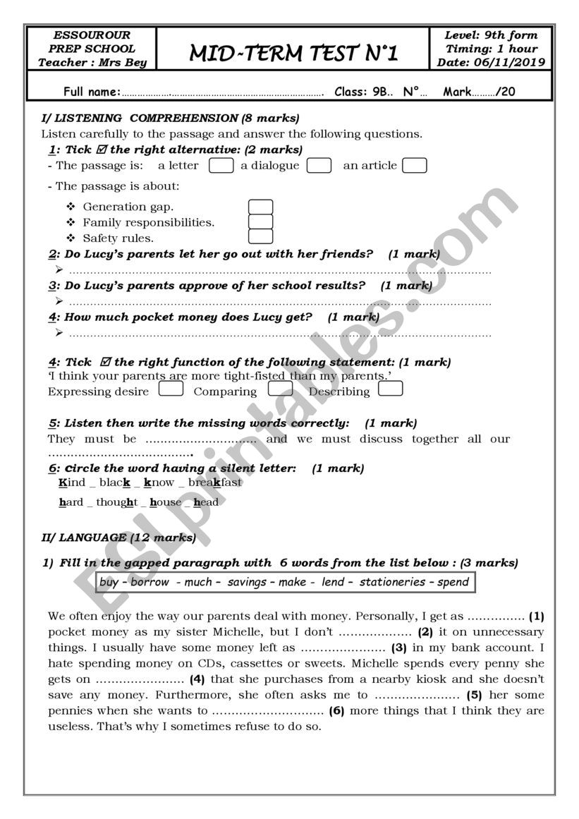 Mid_Term Test n1 9th form (Tunisian schools)