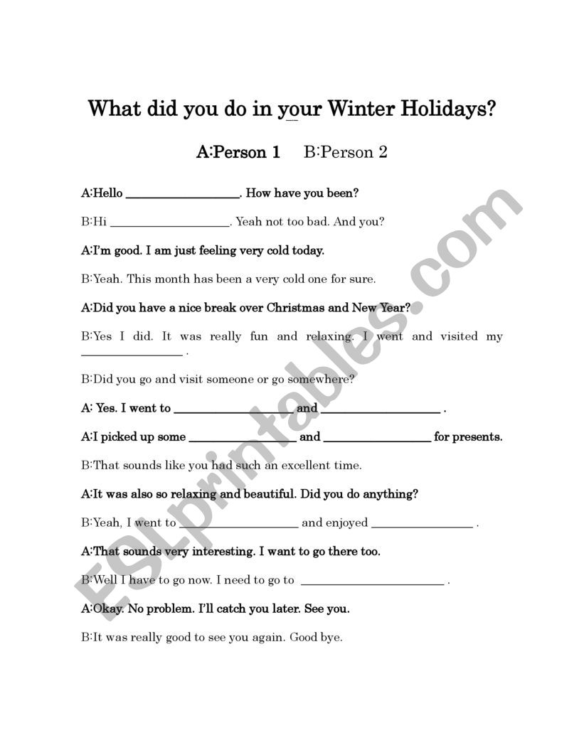 What Did You Do On Your Winter Vacation Holidays Role Play Full Dialogue And Dialogue Boxes Esl Worksheet By Mark2516