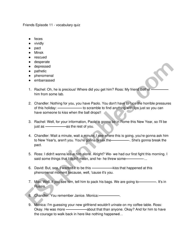 Friends Season 1 Episode 11 Vocabulary Quiz