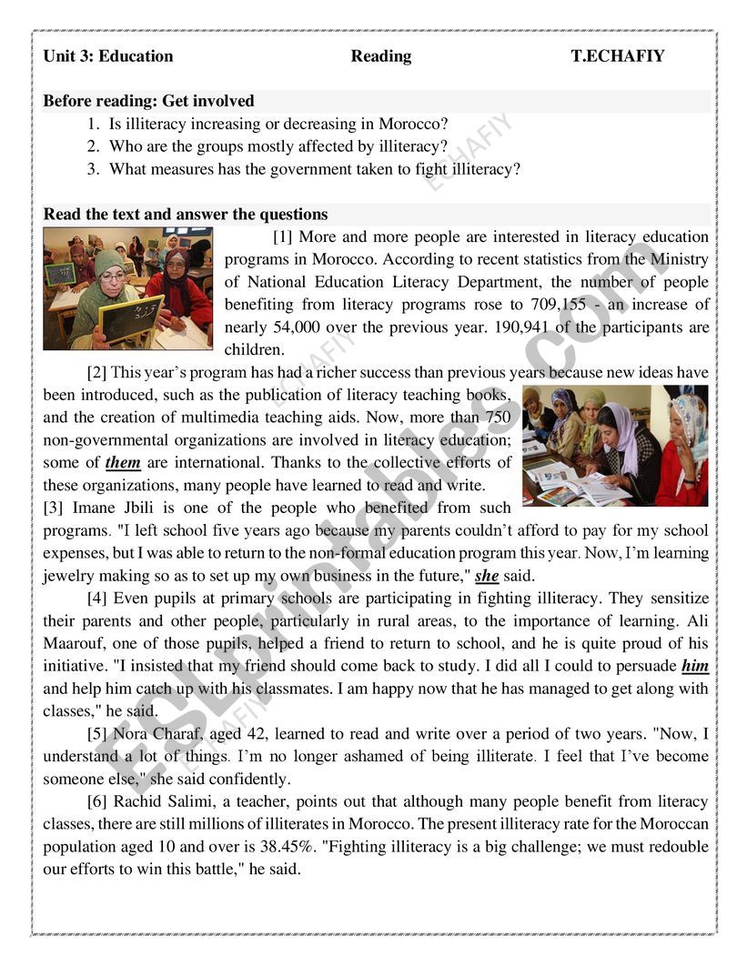 Reading text about education worksheet