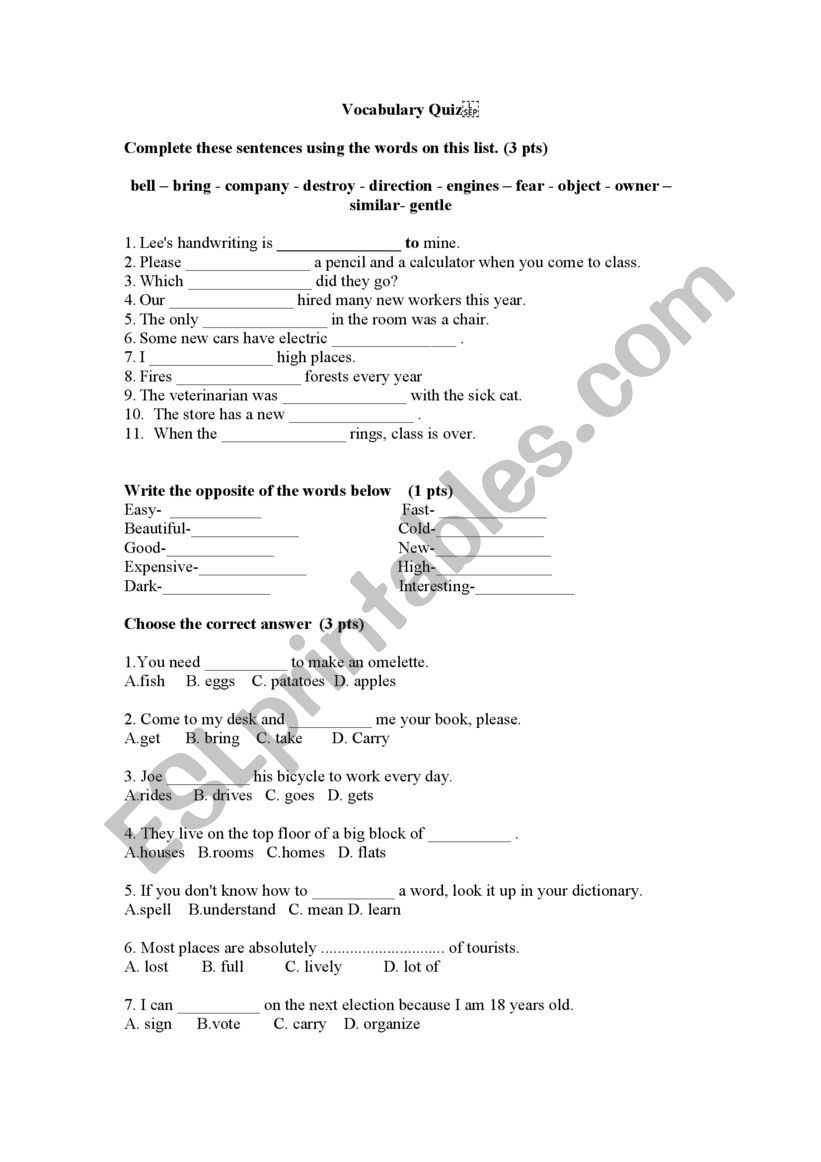 Vocabulary test worksheet