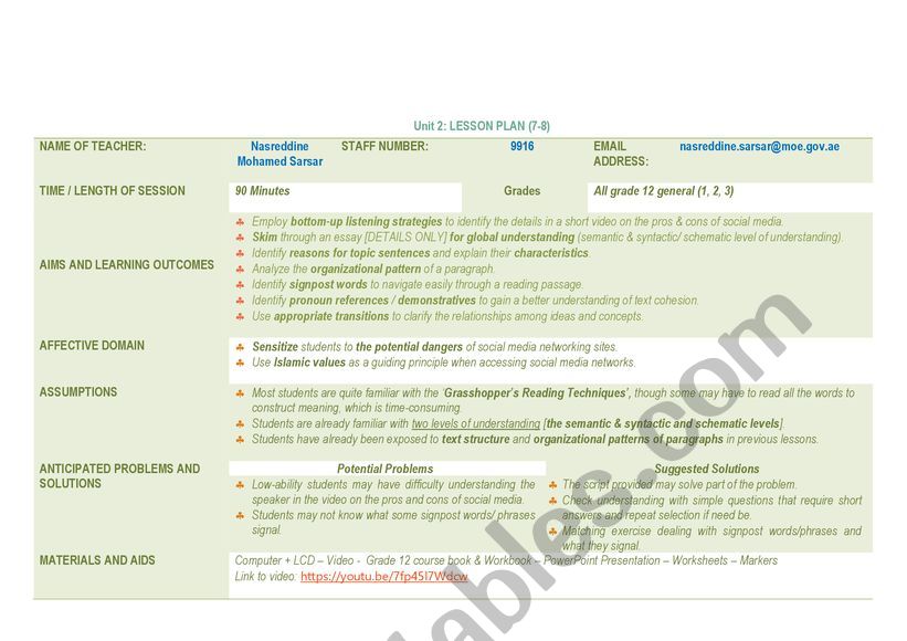 Lesson Plan (built around the 5 Es of the constructionist approach)