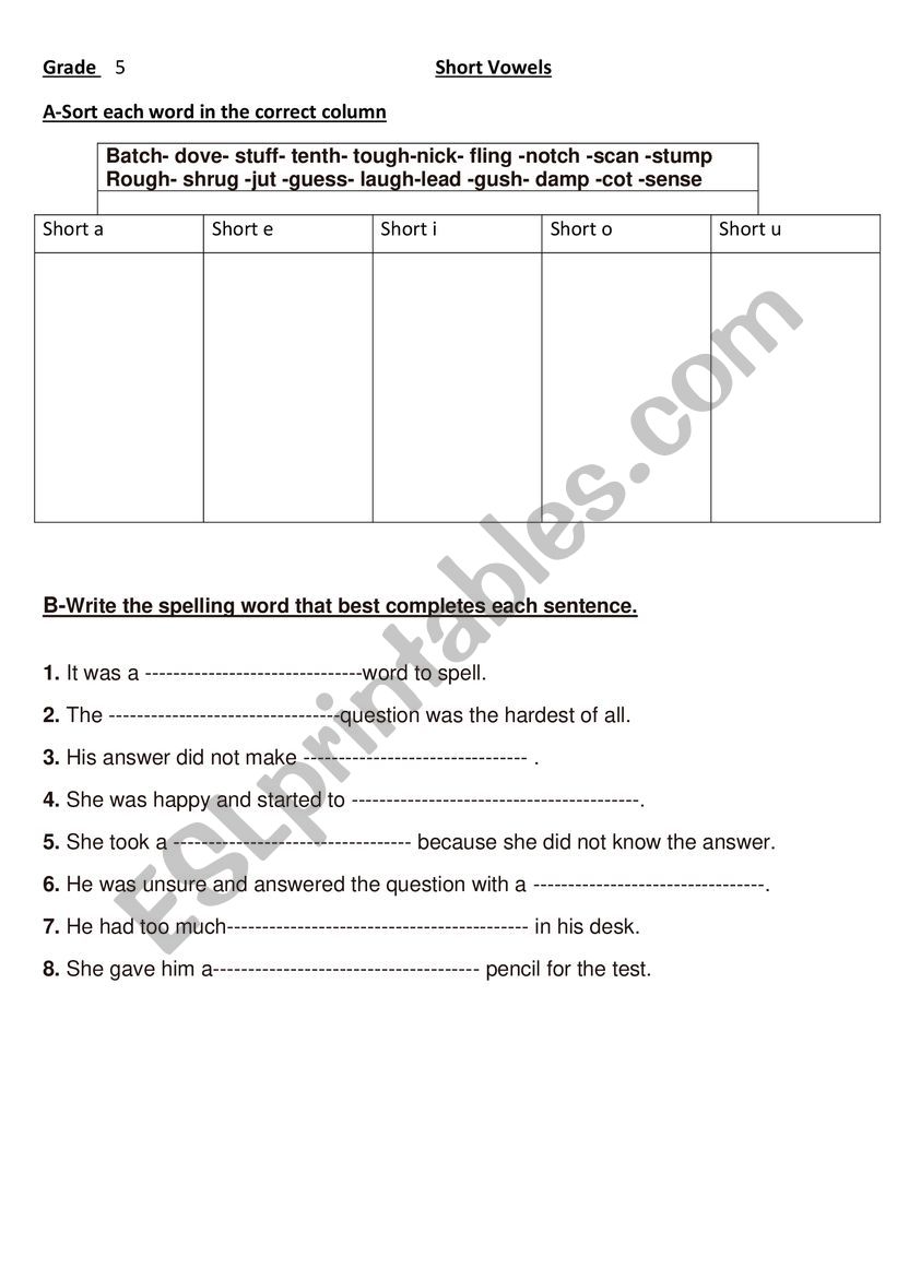 spelling-short vowels worksheet