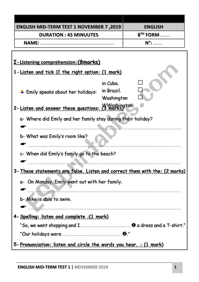 8th form test N 1 worksheet