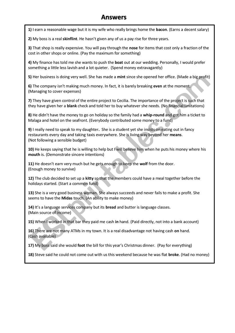 Idioms About Money 2 Esl Worksheet By Spinney