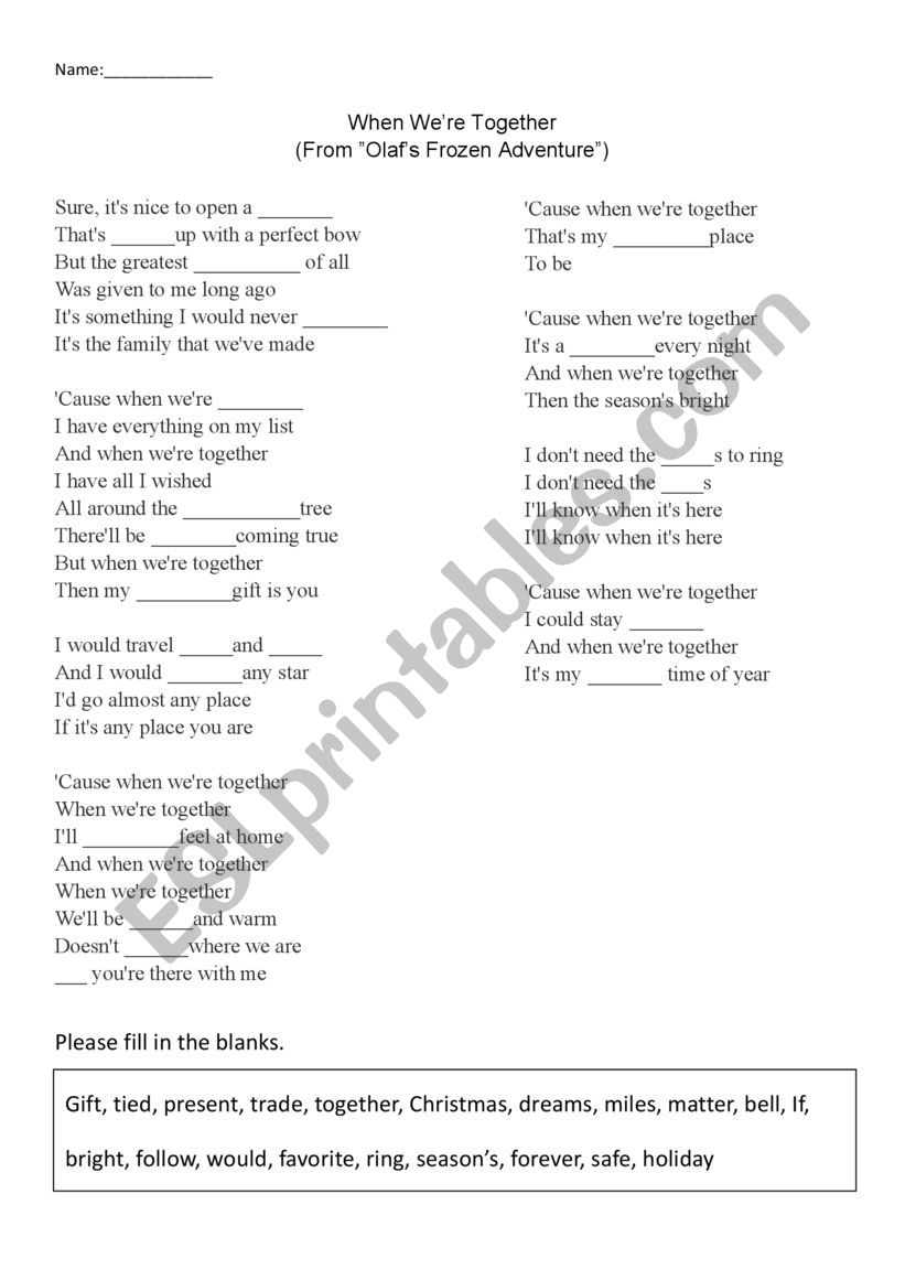 Fill the lyrics worksheet