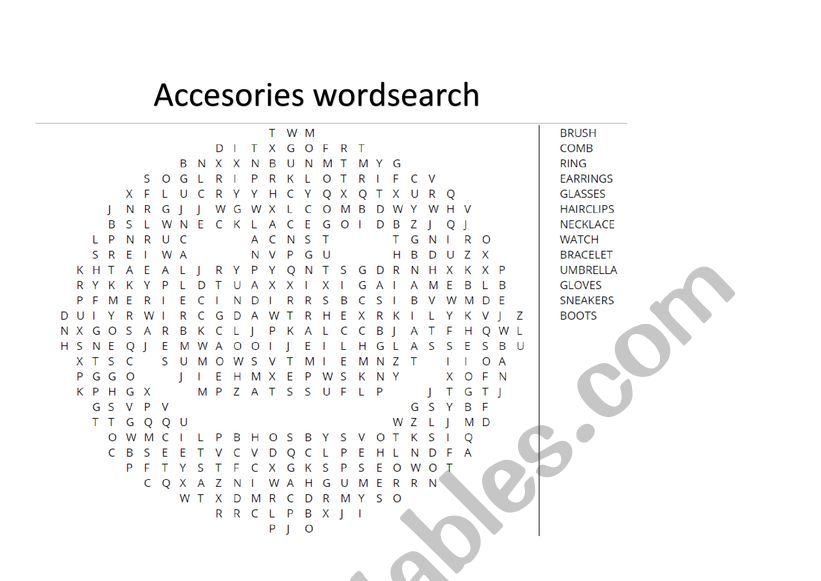 ACCESSORIES WORDSEARCH worksheet