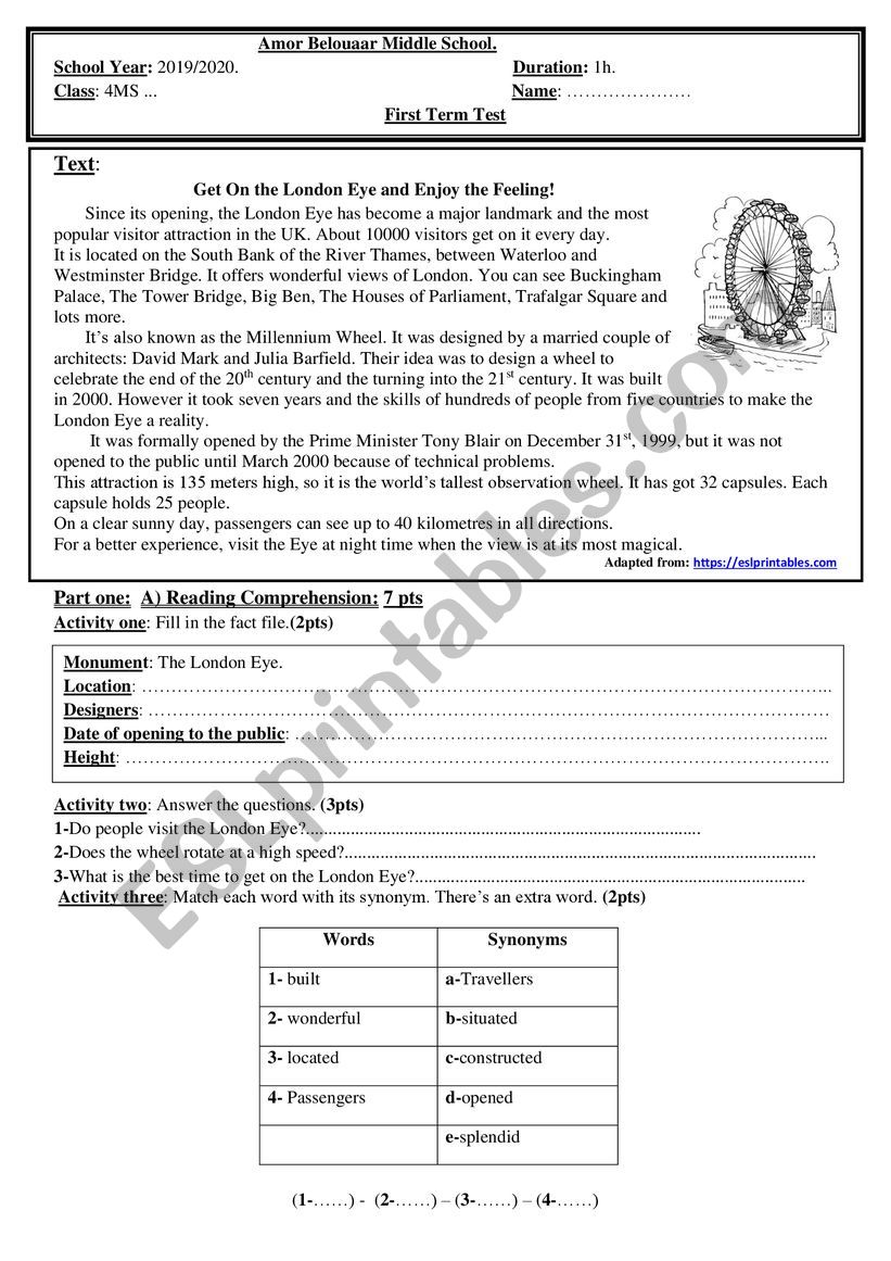 First Term Test 4MS. worksheet