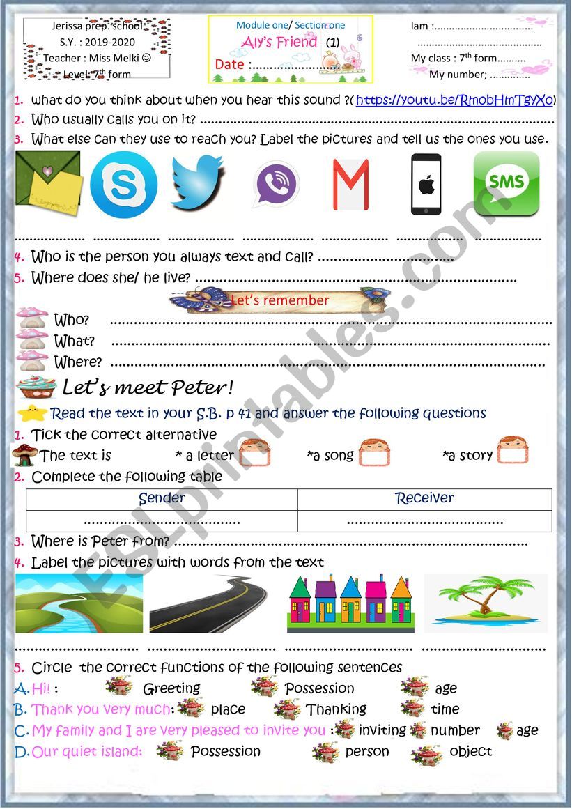 AlyÂ´s friend ppart one worksheet