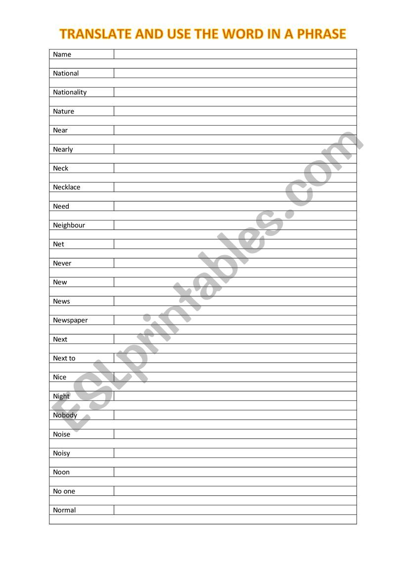 A2 Vocabulary chart (N) worksheet
