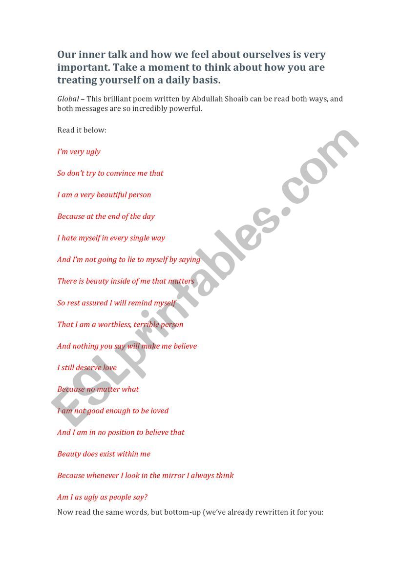 pretty ugly worksheet