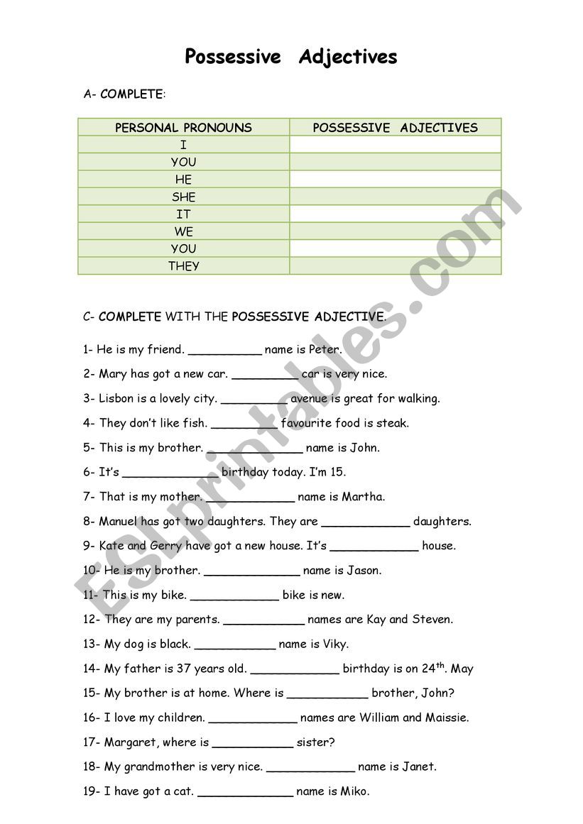 Possessive Adjectives worksheet