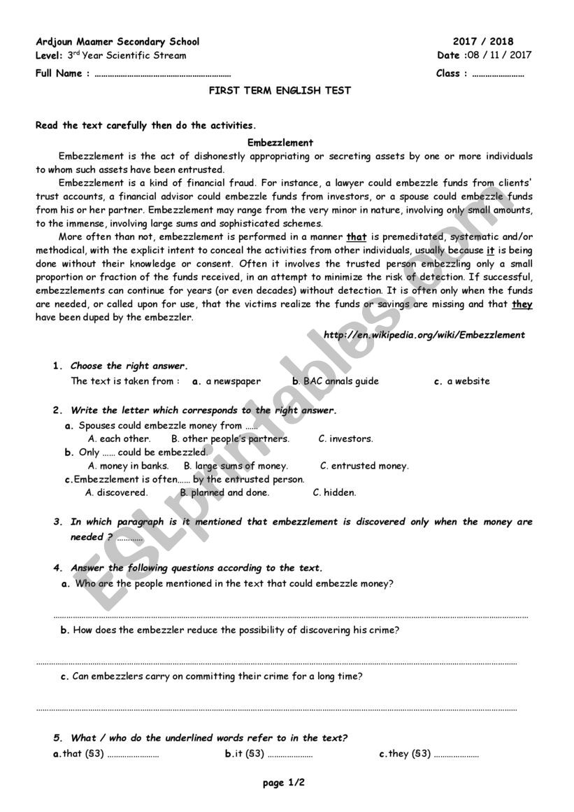 3rd year exam worksheet